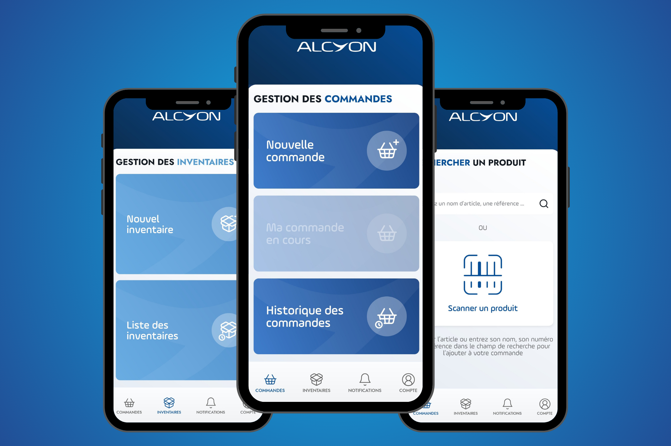 vues de l'application mobile sur téléphone : gestion des commandes, des inventaires, recherche produit